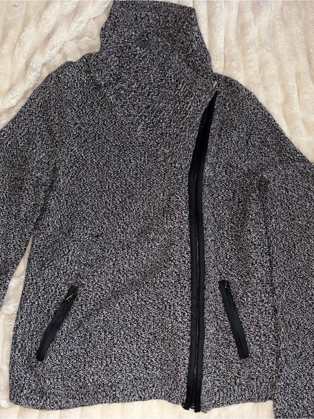 New York & Company Black White Marled Knit Zip Up Sweater Cardigan L